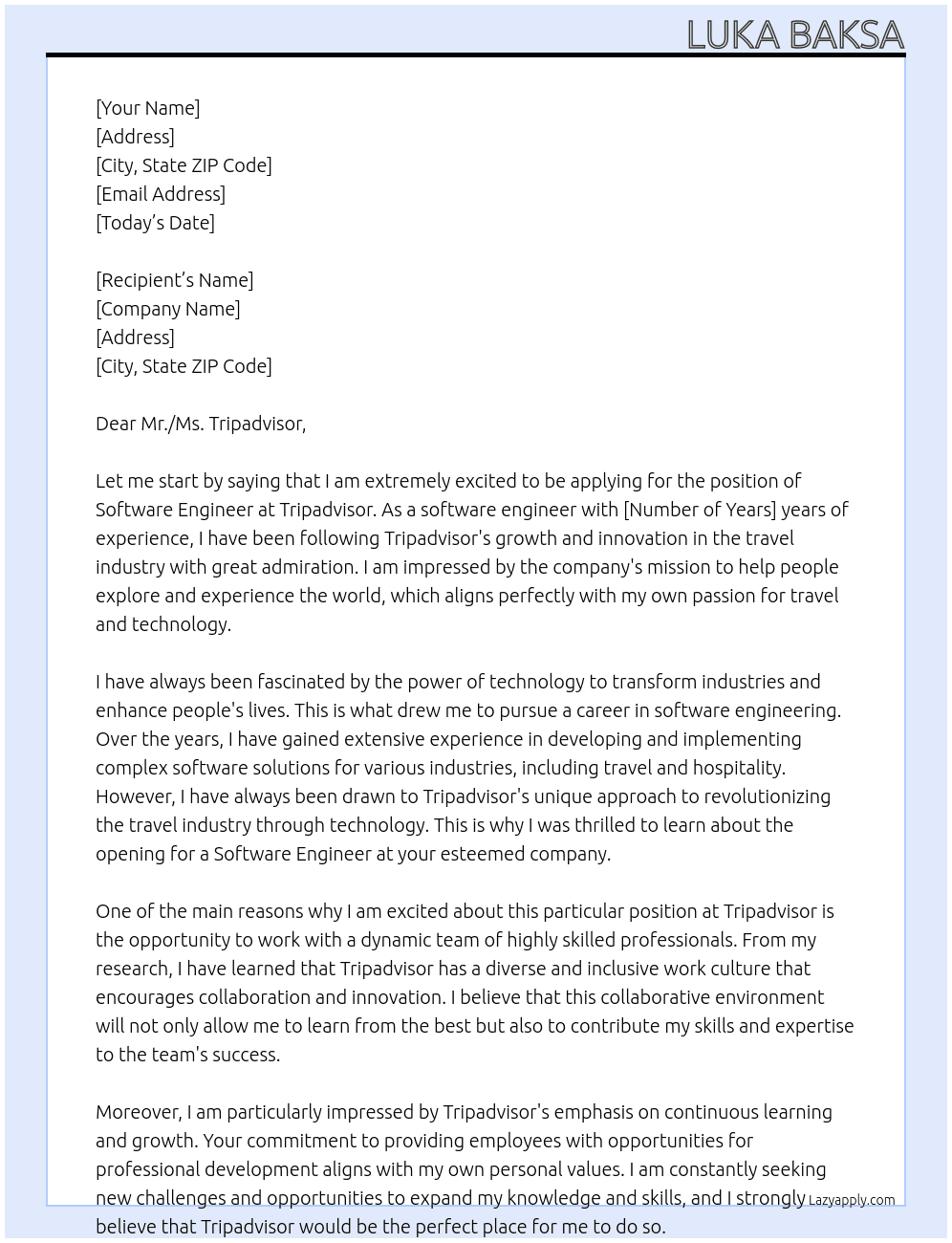 Software engineer At Tripadvisor Cover Letter