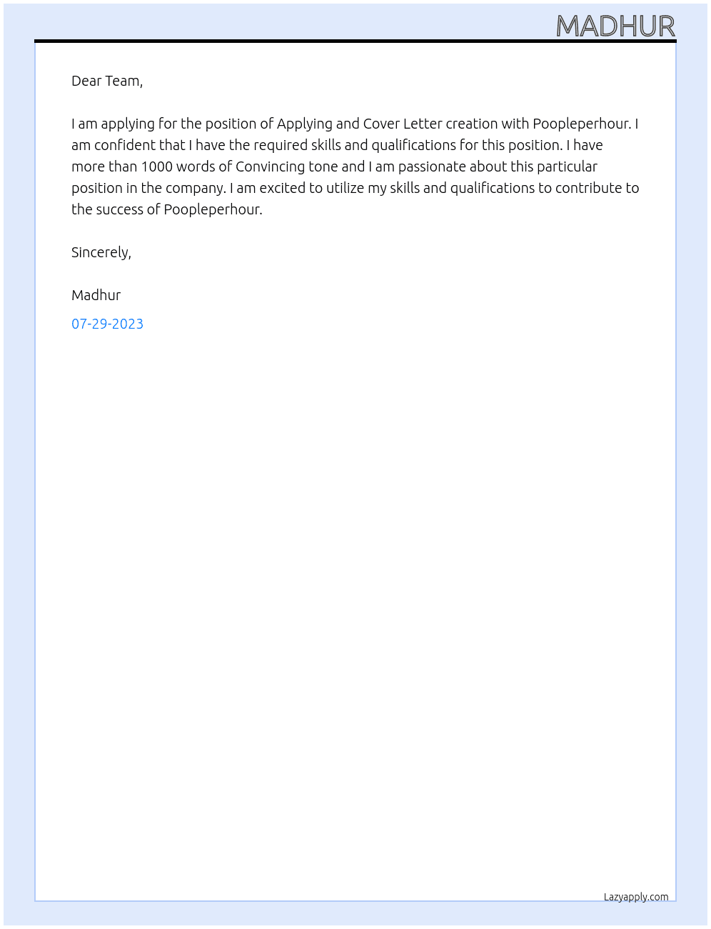 Applying and Cover Letter creation At Poopleperhour Cover Letter
