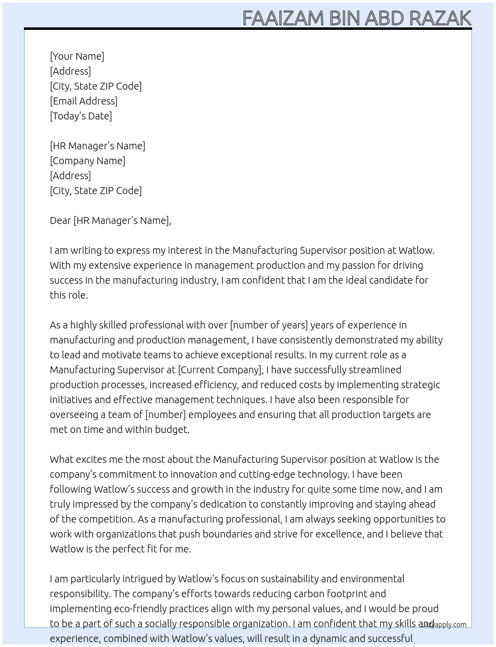 Manufacturing supervisor  At Watlow Cover Letter