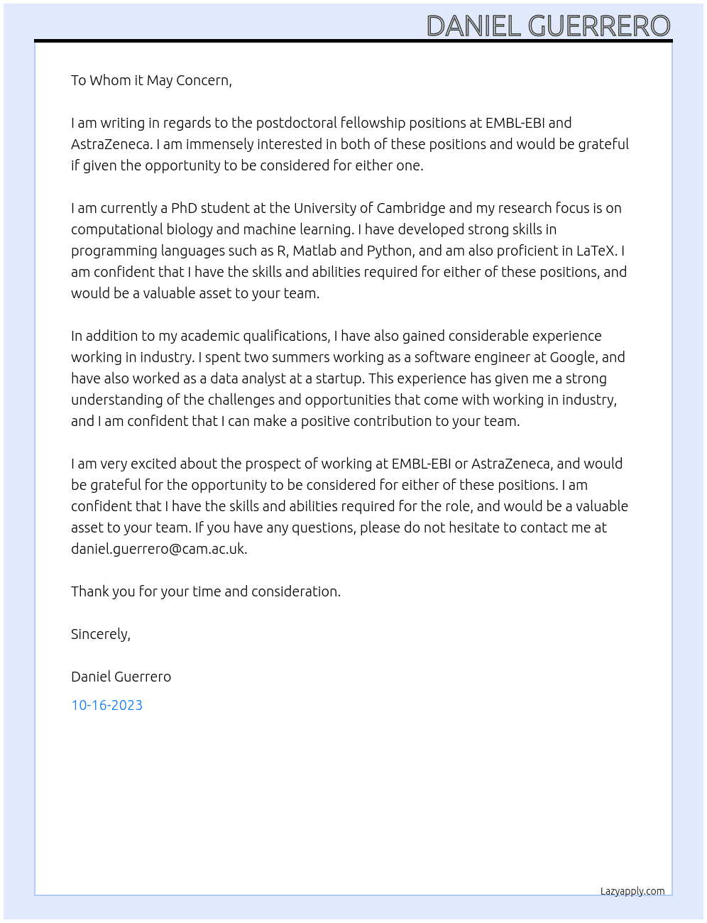 Postdoctoral fellowships At EMBL-EBI-AstraZeneca Cover Letter