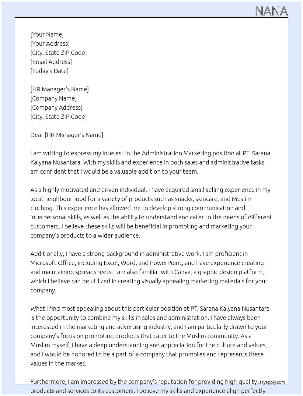 Administration marketing At PT. Sarana Kalyana Nusantara Cover Letter