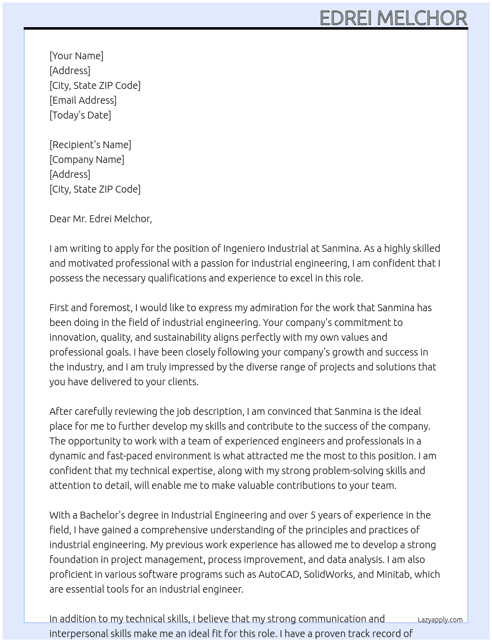 Ingeniero Industrial At Sanmina Cover Letter