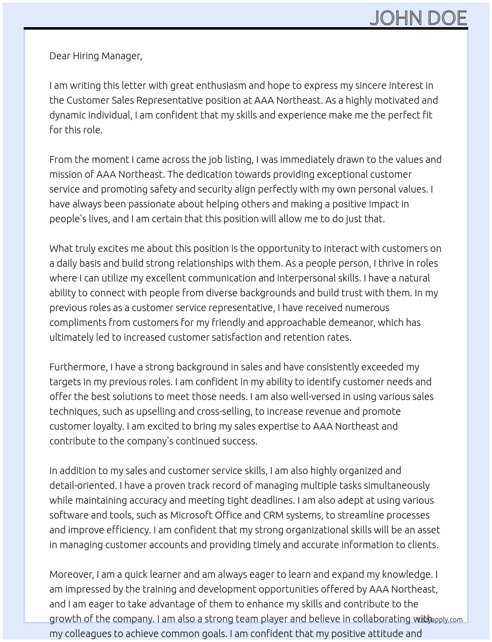 Customer Sales Representative At AAA Northeast Cover Letter