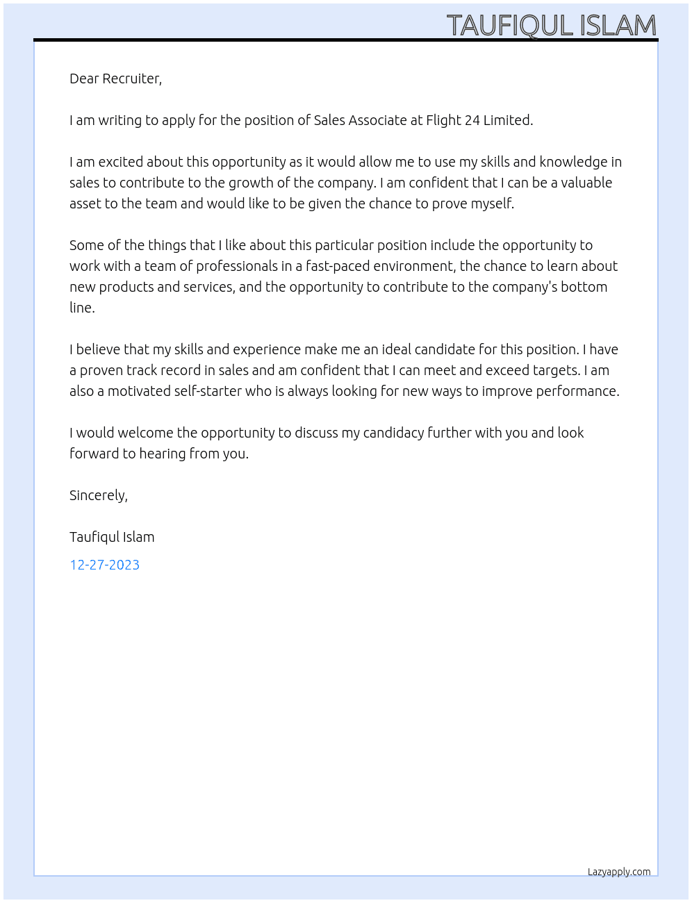 Sales Associate At  Flight 24 Limited  Cover Letter