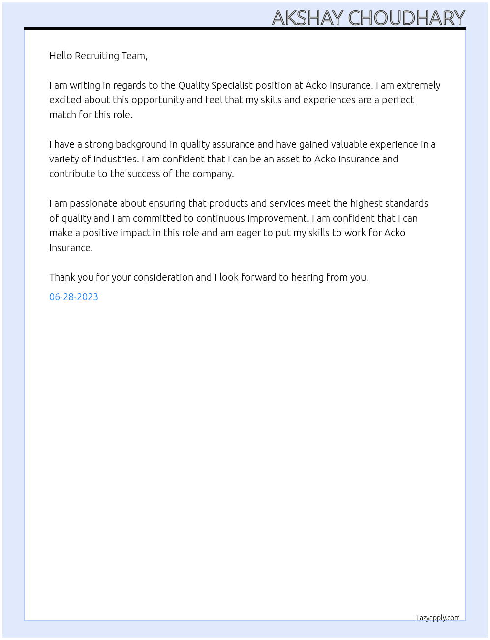 Quality specialist  At Acko insurance  Cover Letter