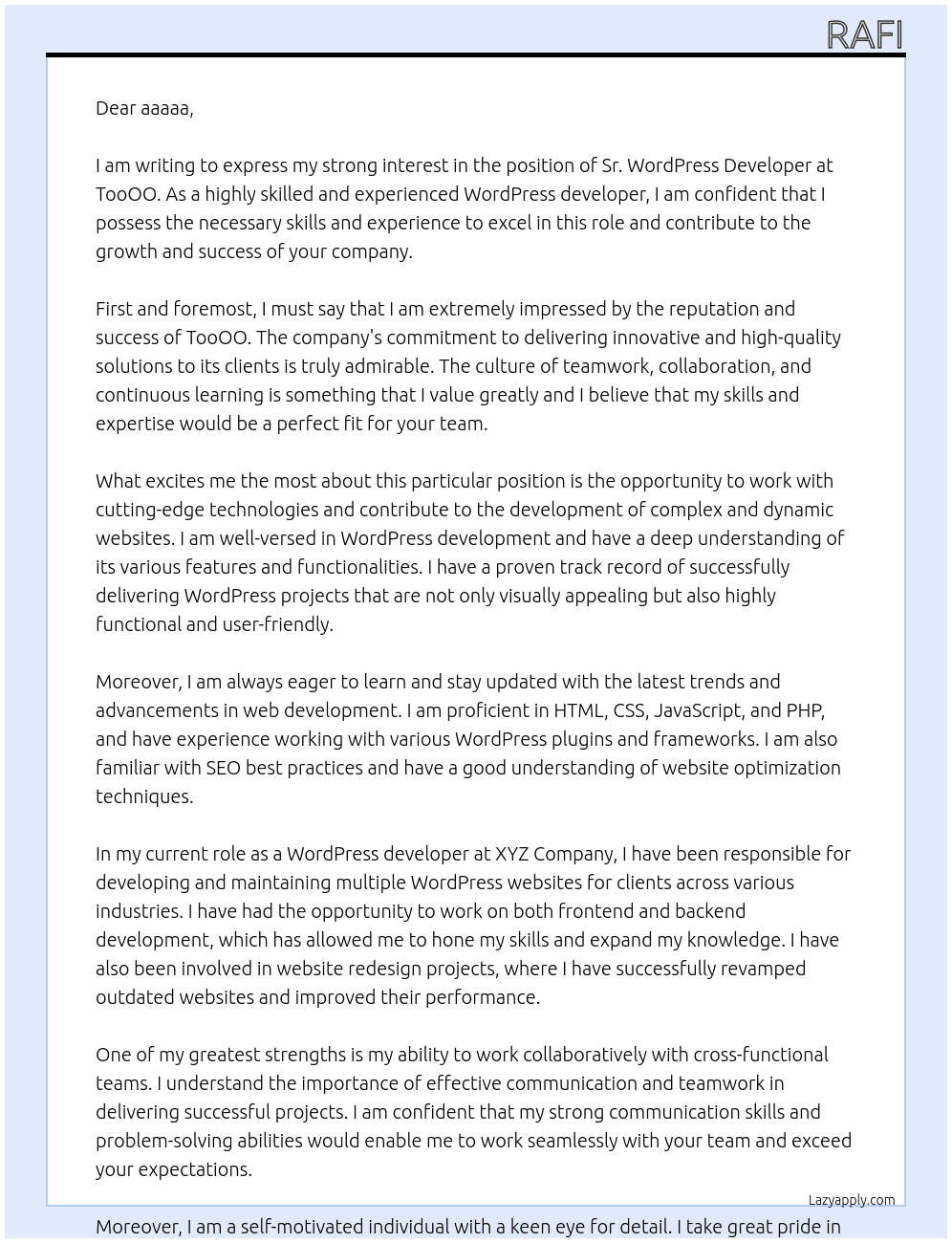 Sr. WordPress Developer Wanted. At toooo Cover Letter