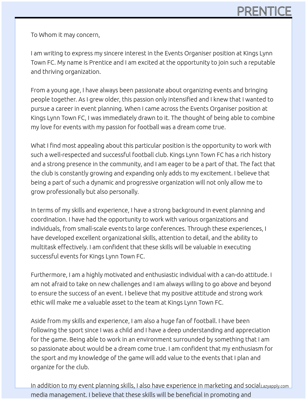 Events Organiser  At Kings Lynn Town FC Cover Letter