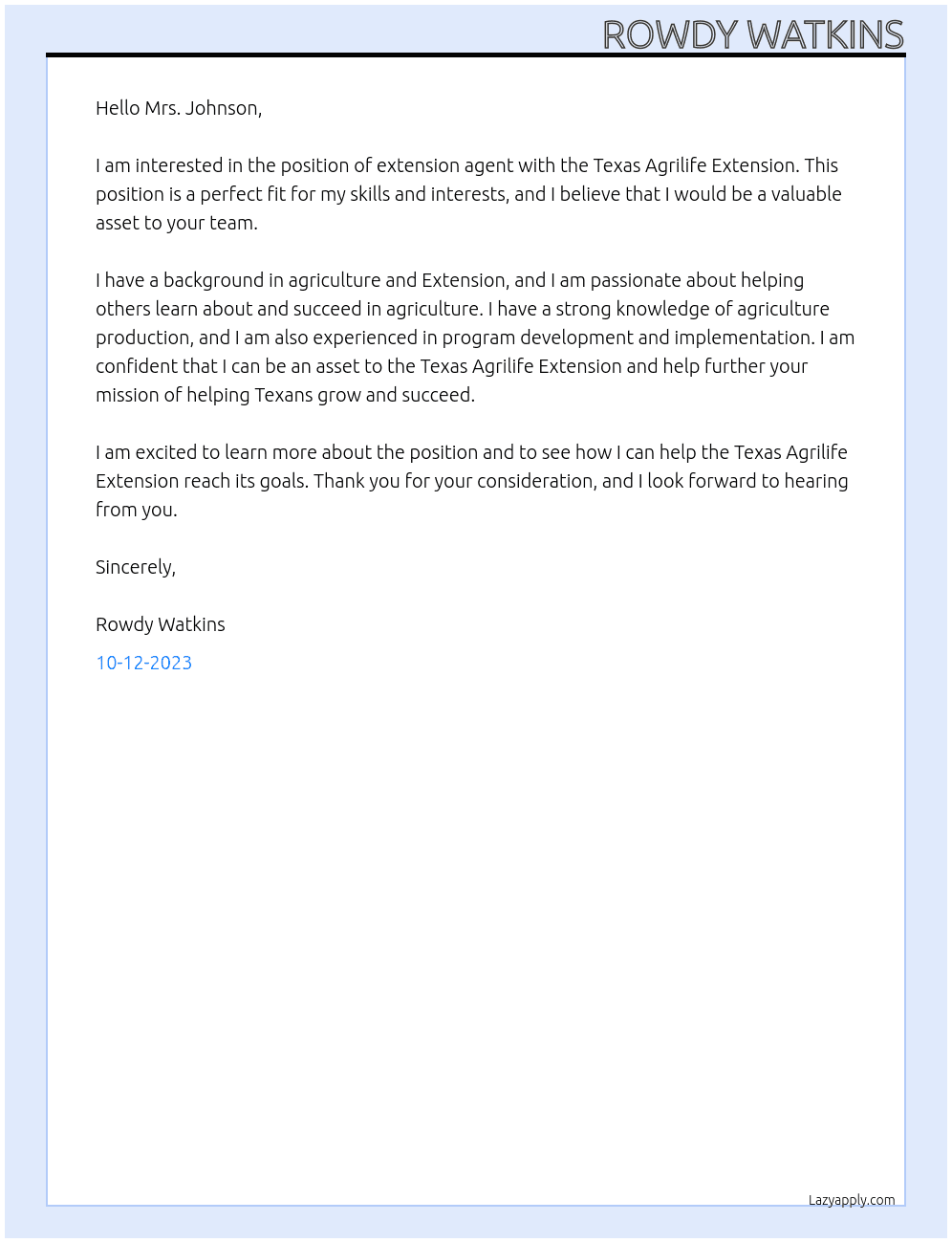 extension agent  At texas agrilife extension Cover Letter