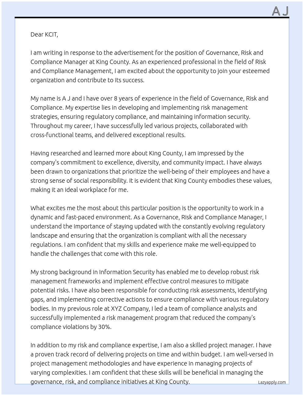 Governance, Risk and Compliance Manager At King County Cover Letter