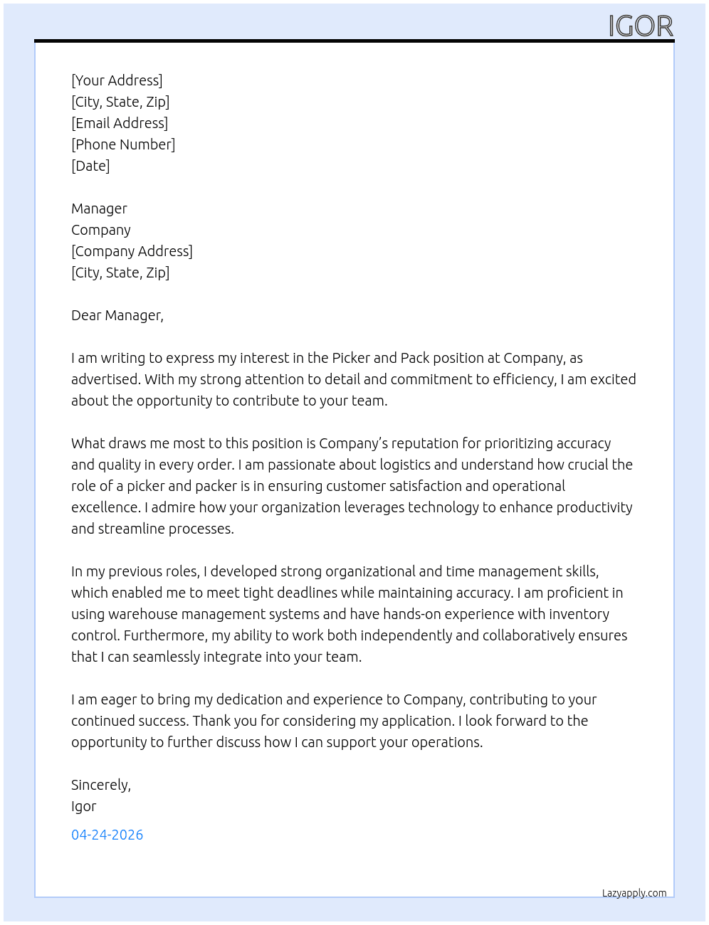 picker and pack At company Cover Letter