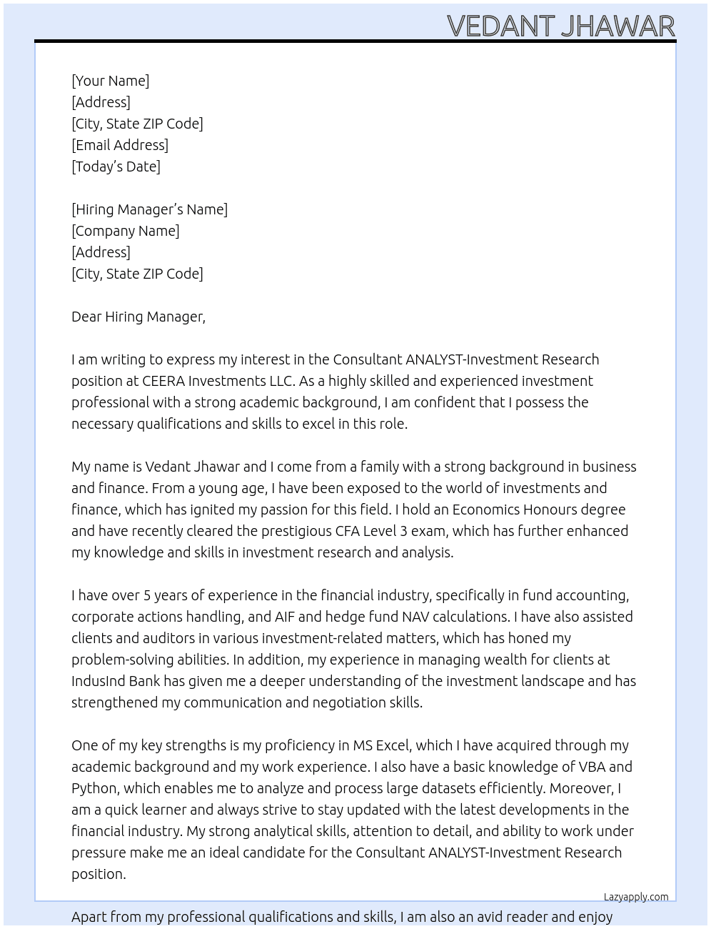 Consultant ANALYST-Investment Research  At CEERA Investments LLC Cover Letter