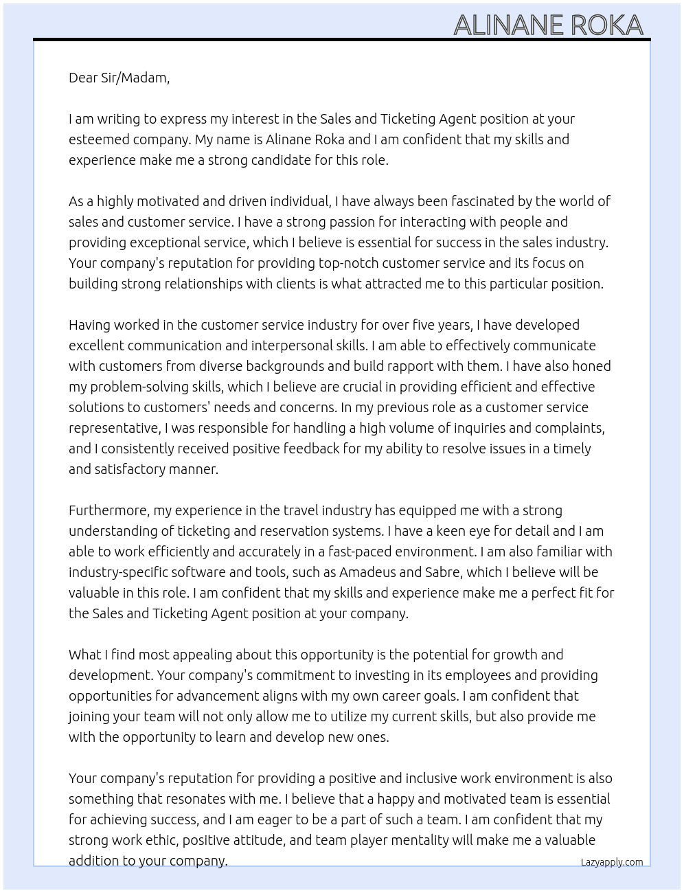 Sales and ticketing agent  At Sales and ticketing agent  Cover Letter