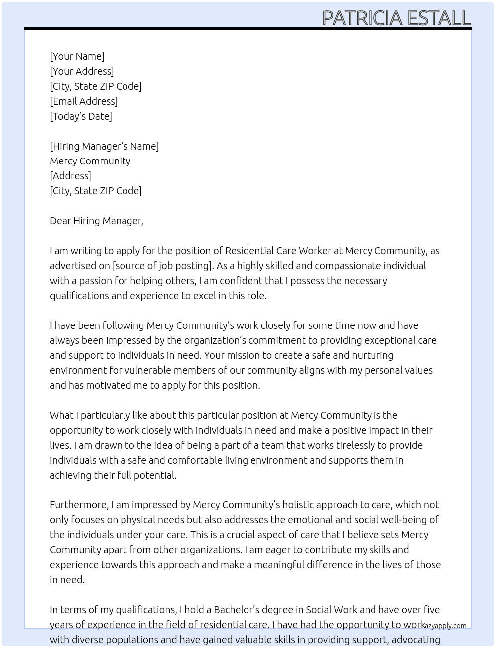 Residential Care Worker At Mercy Community Cover Letter