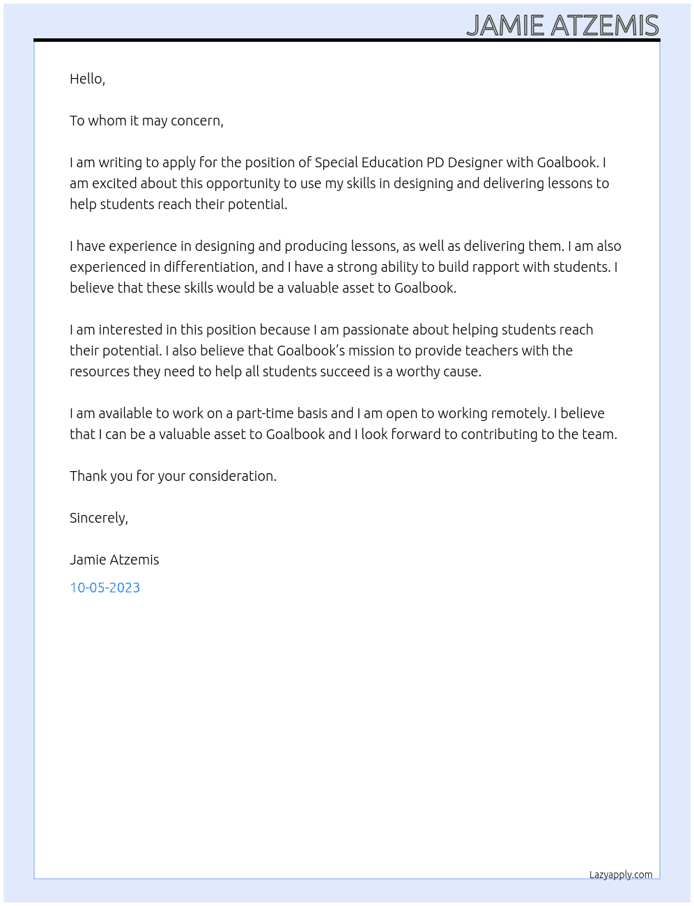 Special Education PD Designer At Goalbook Cover Letter