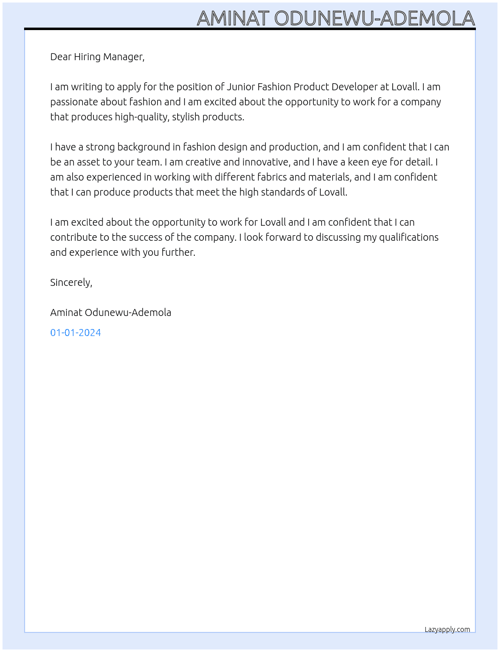 Junior Fashion Product Developer At Lovall Cover Letter