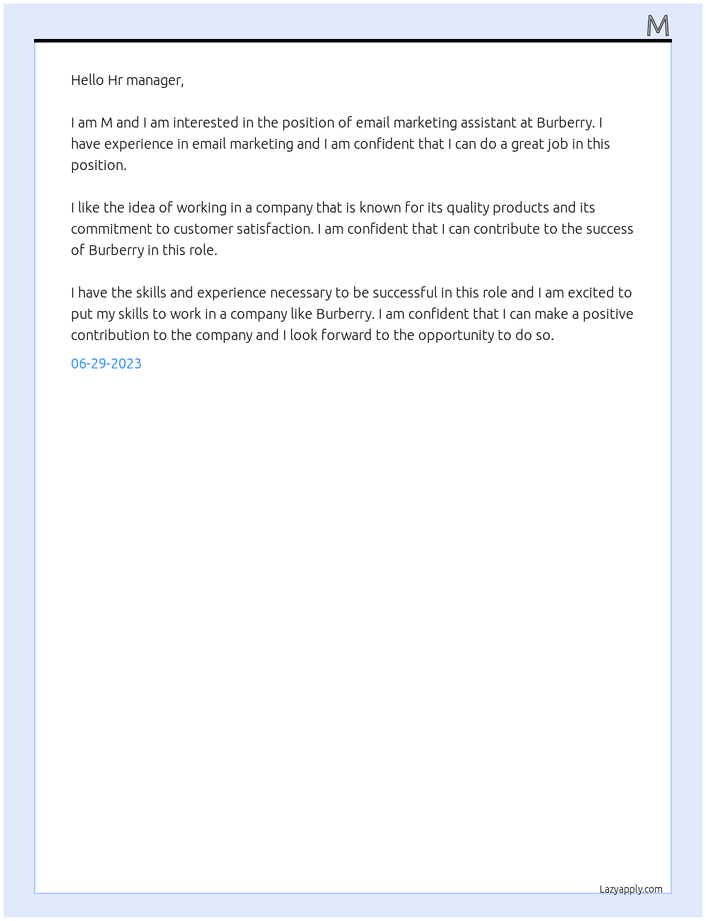 Email marketing assistant  At Burberry Cover Letter