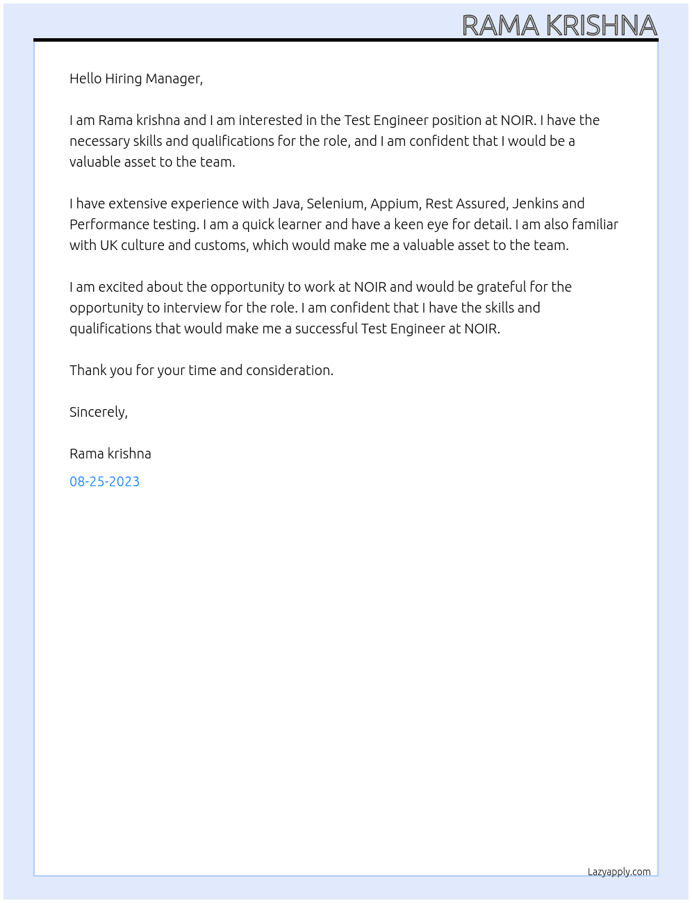 Test Engineer At NOIR Cover Letter