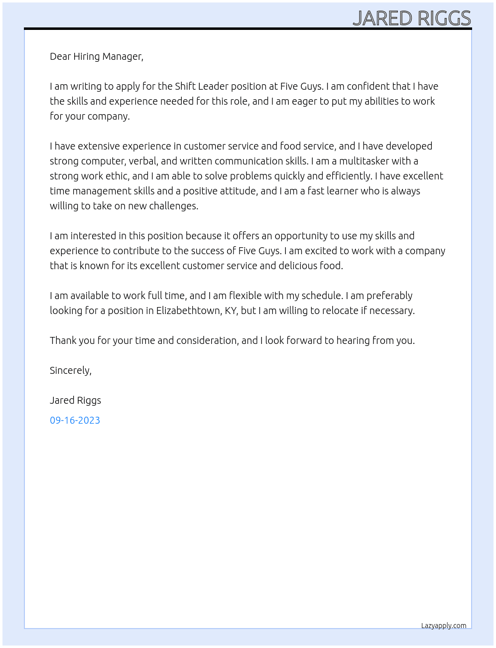 Shift Leader At Five Guys Cover Letter
