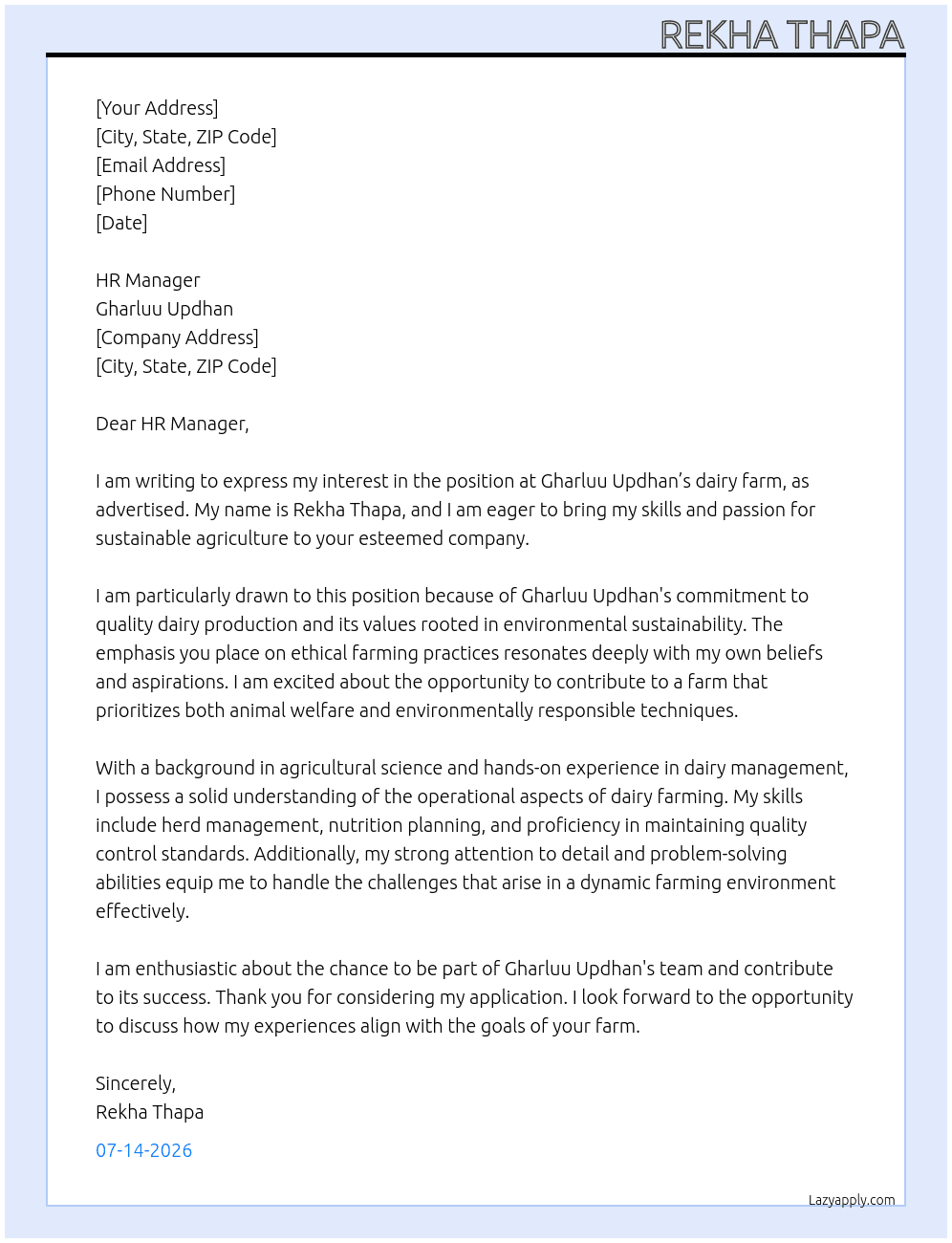Cover letter for dairy farm - LazyApply