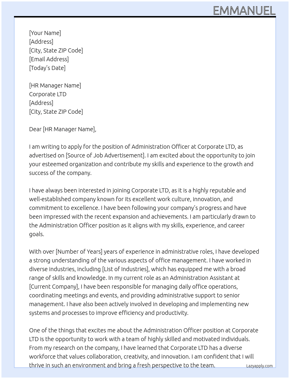 Administration Officer At Corporate LTD Cover Letter