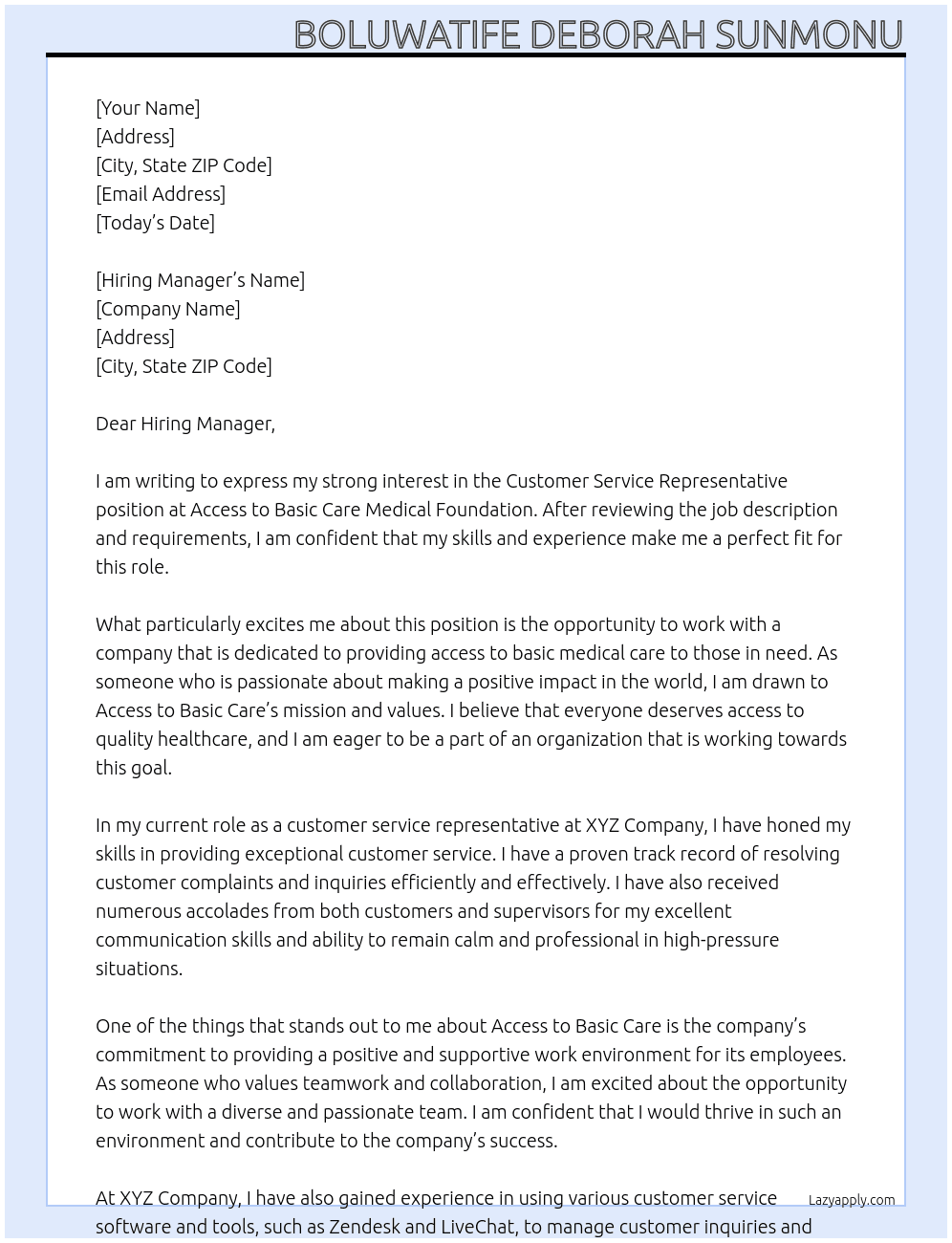 Customer service representative At Access to Basic Care Medical Foundation Cover Letter