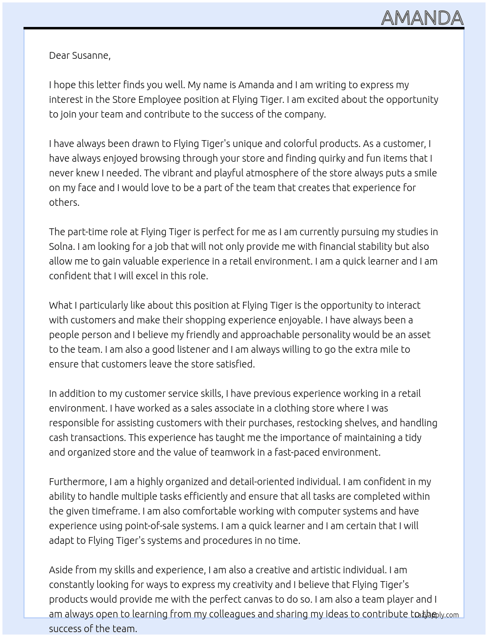 store employee At Flying Tiger Cover Letter