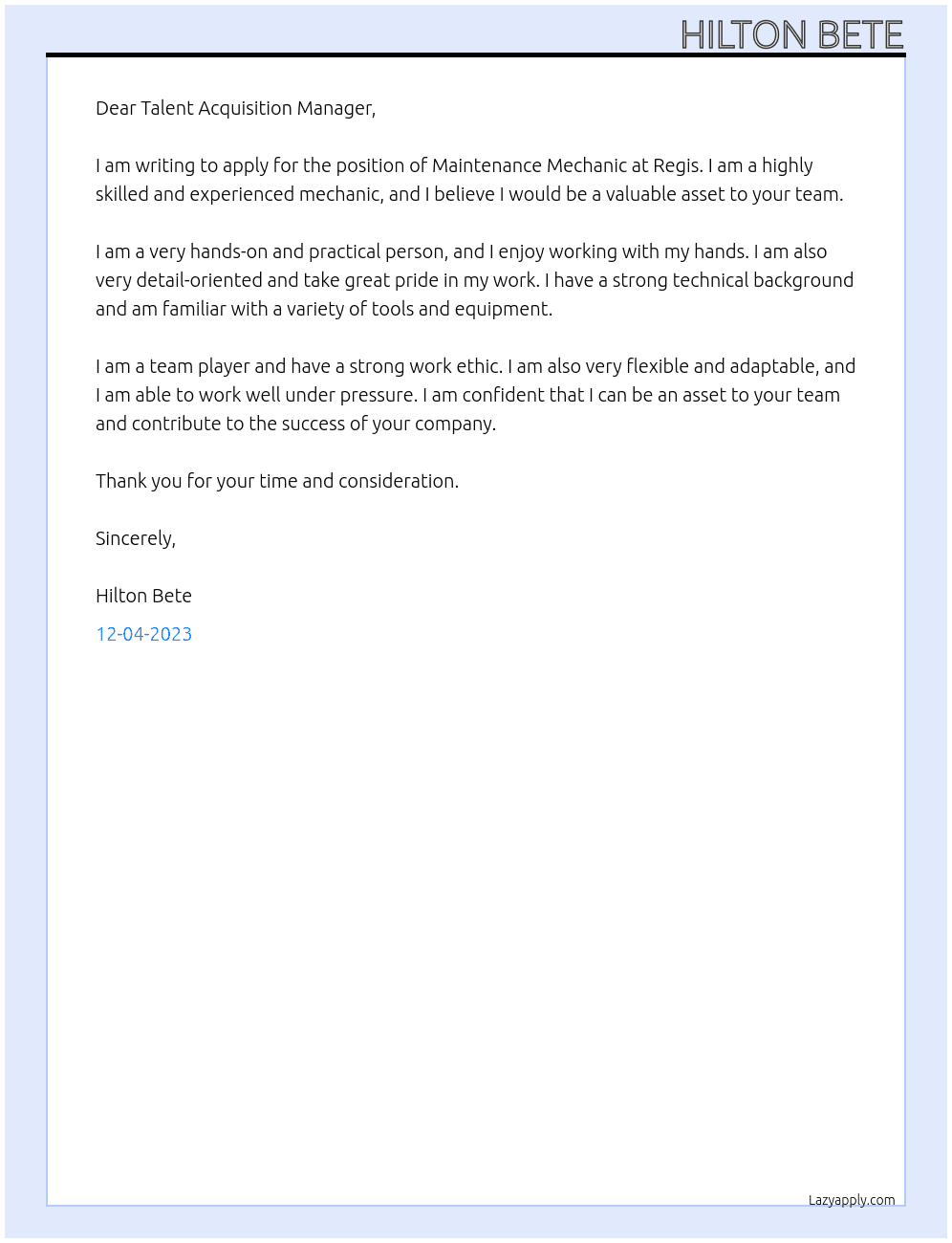 Maintenance mechanic At Regis Cover Letter