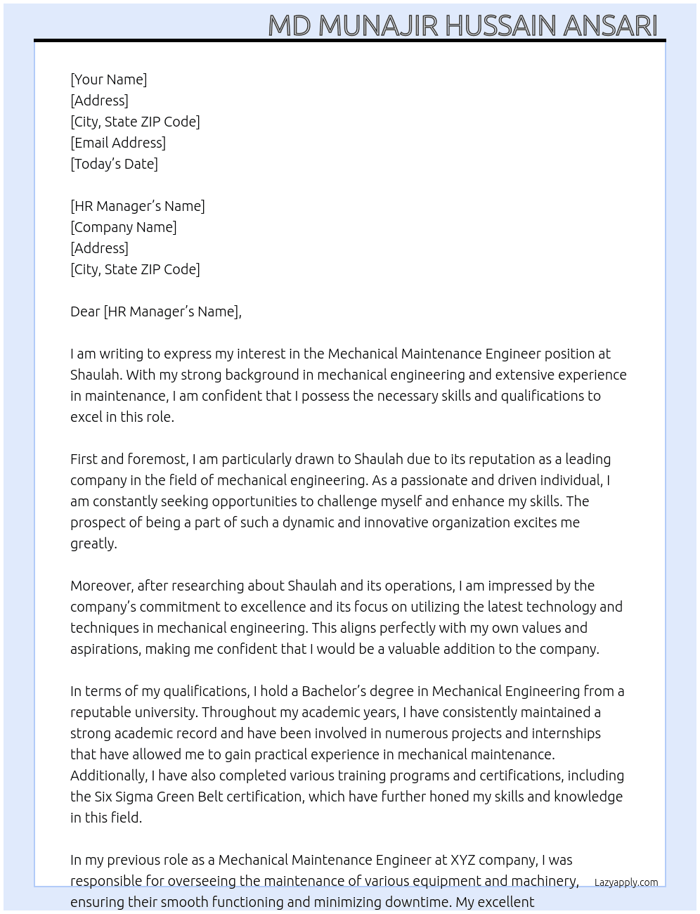 Mechanical maintenance engineer  At Shaulah  Cover Letter