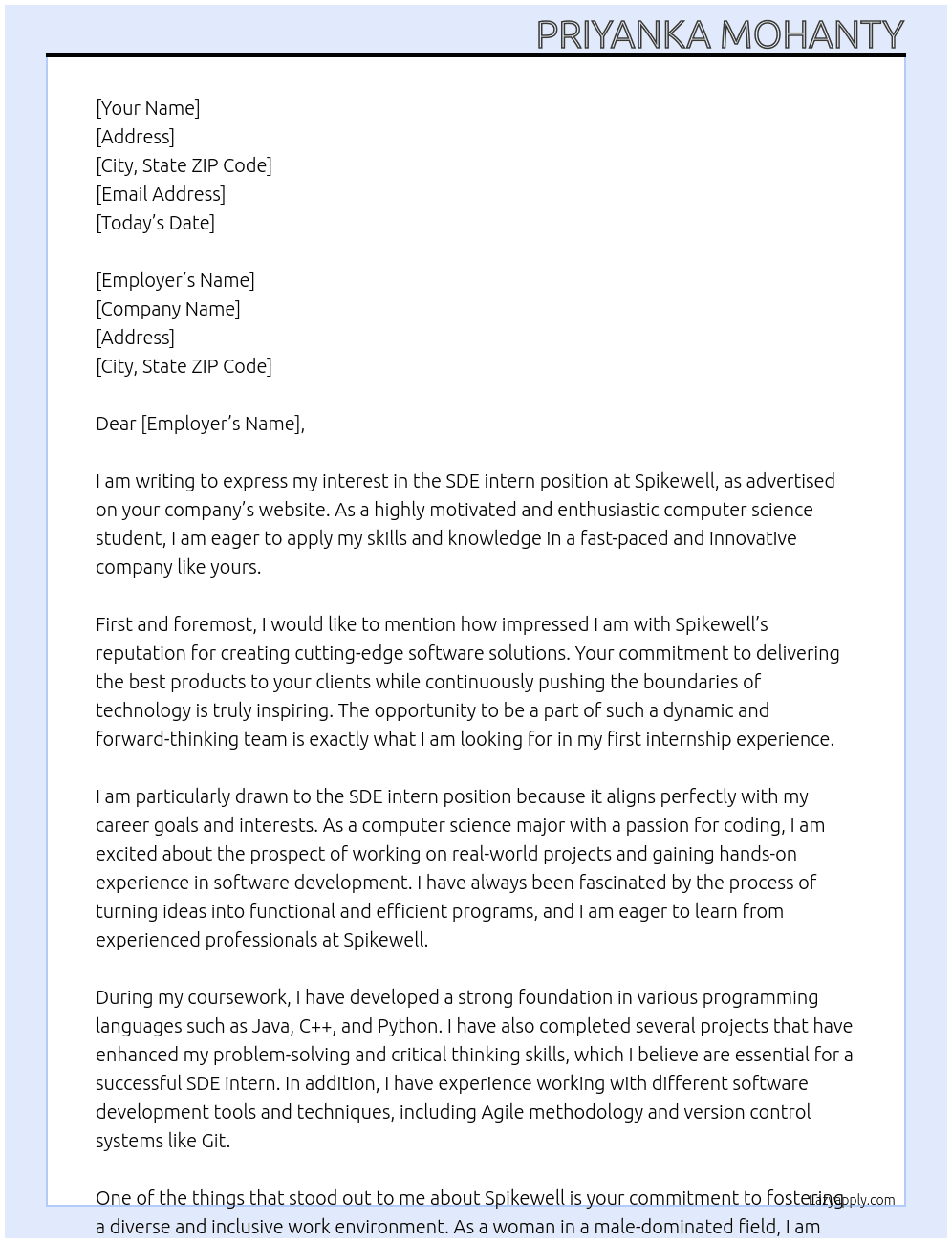 SDE intern At Spikewell  Cover Letter