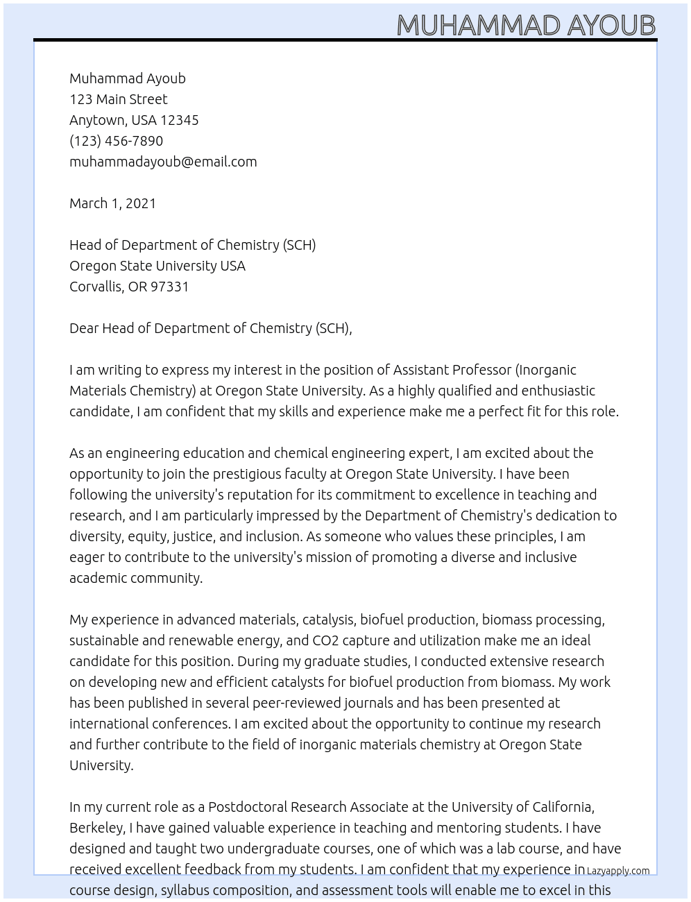 Assistant Professor (Inorganic Materials Chemistry) At Oregon State University USA Cover Letter