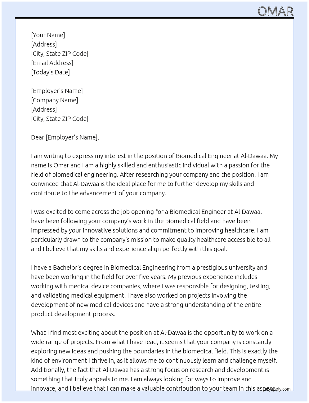 biomedical engineer At Al-Dawaa Cover Letter