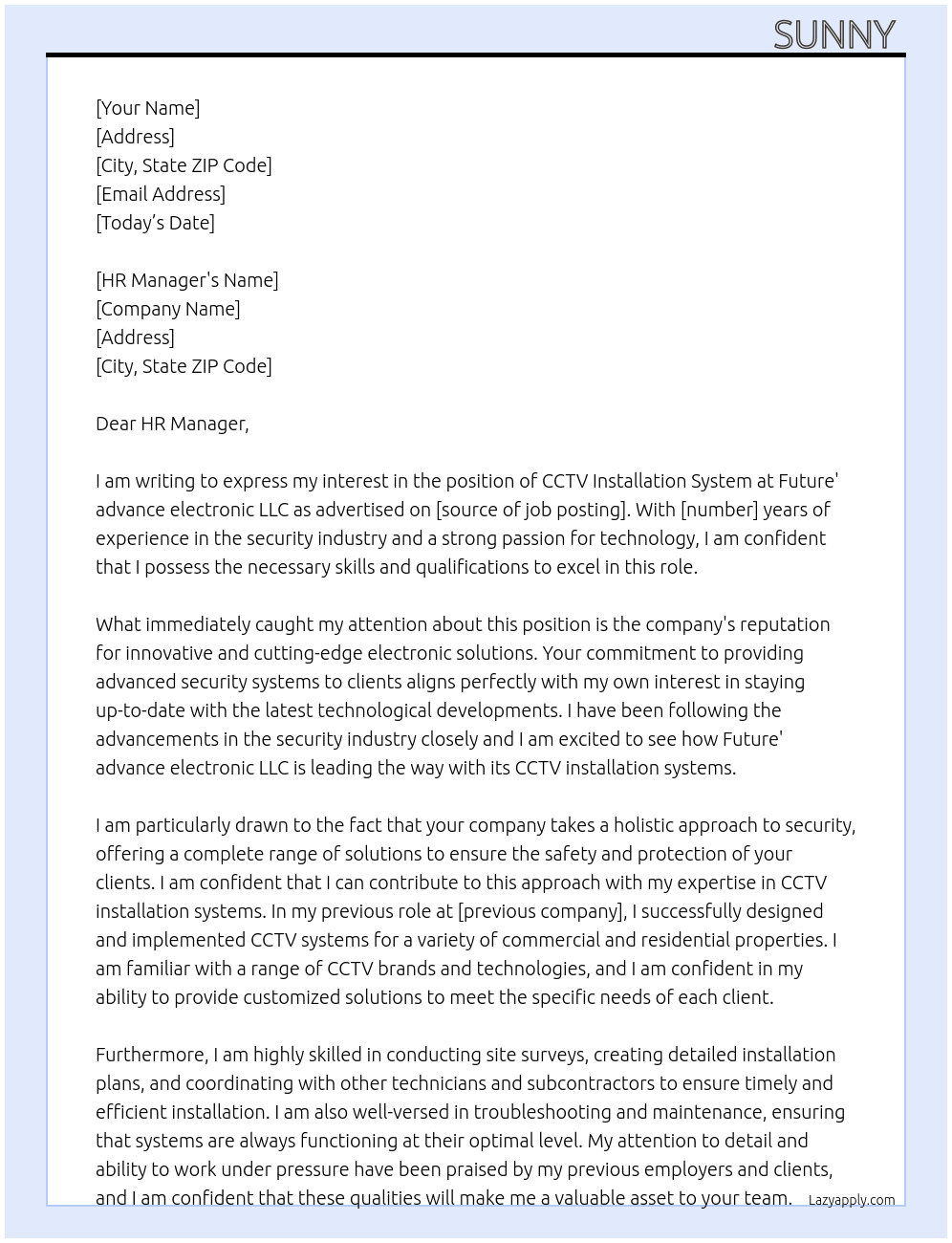 CCTV installation system  At Future' advance electronic LLC Cover Letter