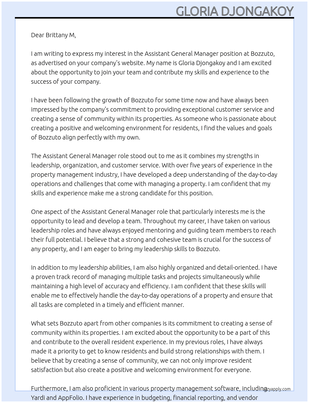 Assistant General Manager At Bozzuto Cover Letter