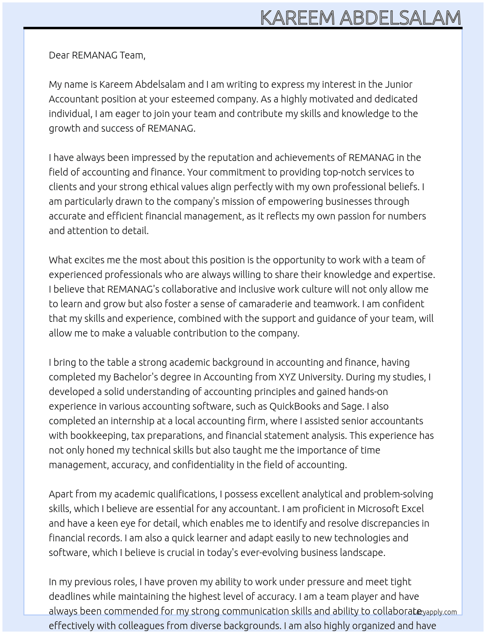 Junior Accountant At REMANAG Cover Letter
