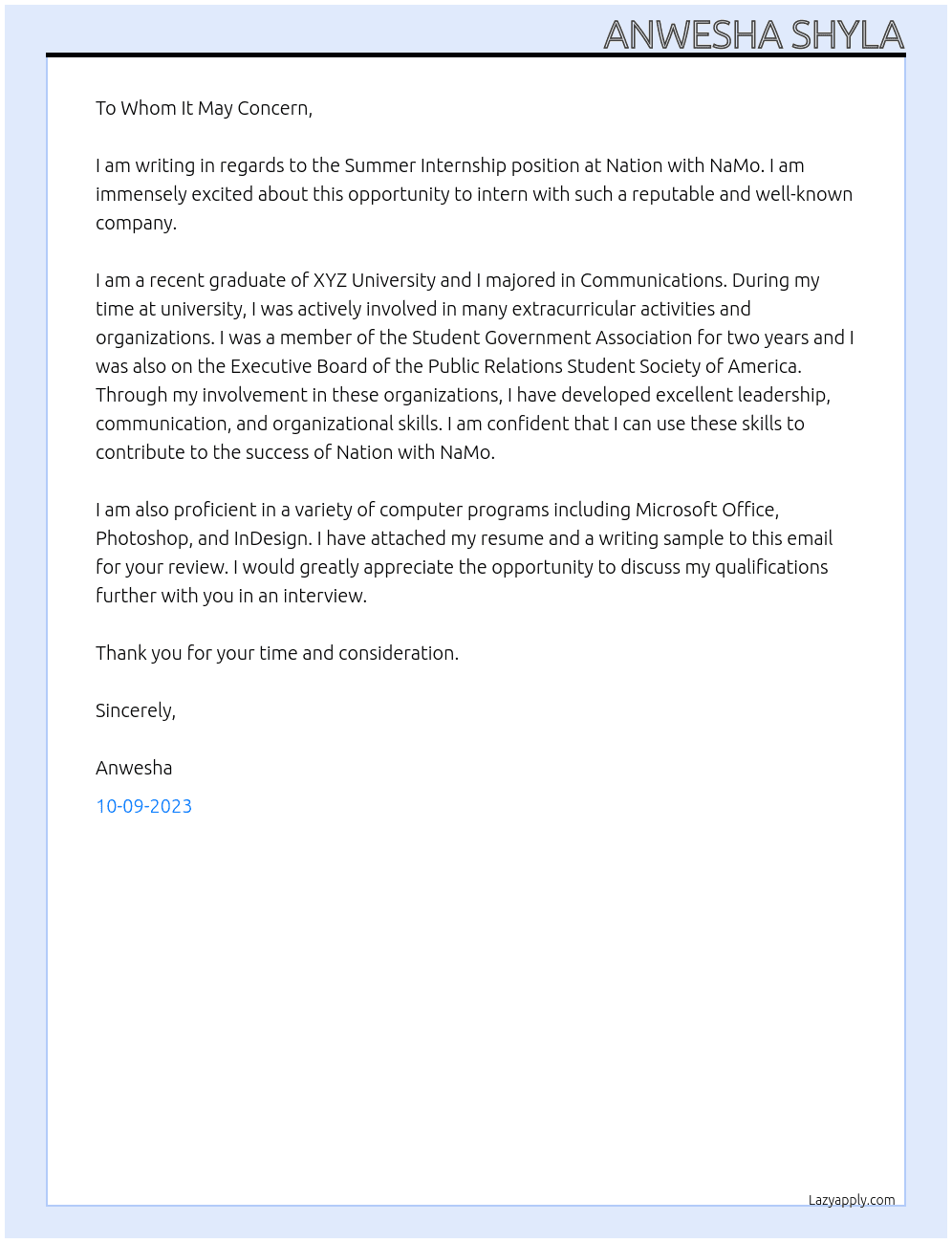 Summer Internship At Nation with NaMo Cover Letter