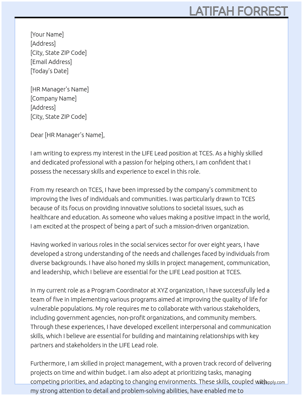 LIFE Lead  At TCES Cover Letter