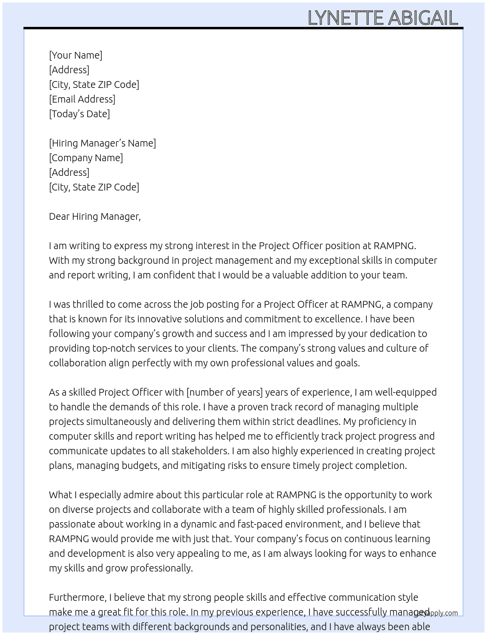 Project Officeer At RAMPNG Cover Letter
