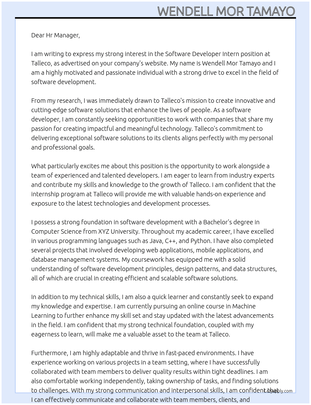 Software Developer Intern At Talleco Cover Letter