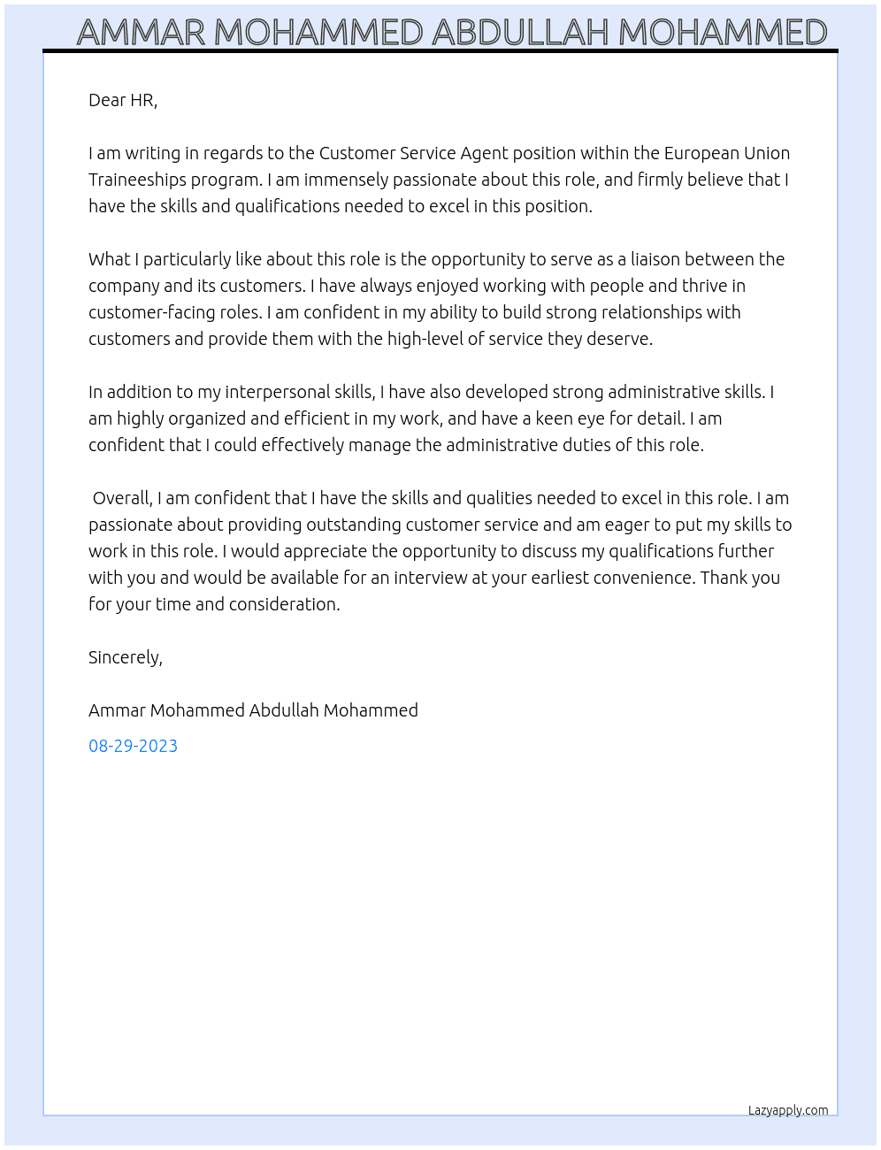 Customer Service Agent At European Union Traineeships program Cover Letter