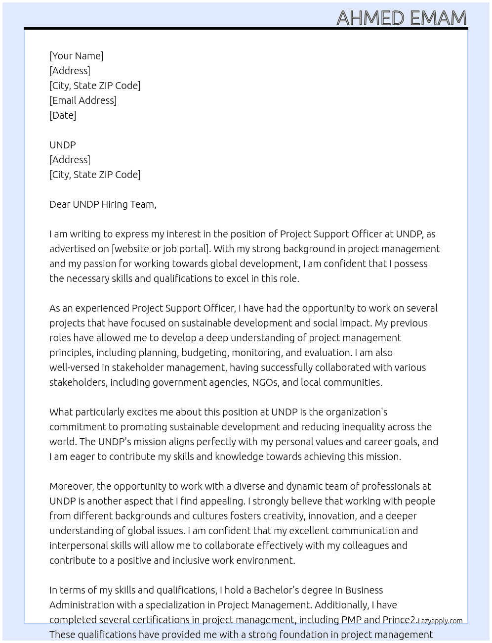 Project support officer At UNDP Cover Letter
