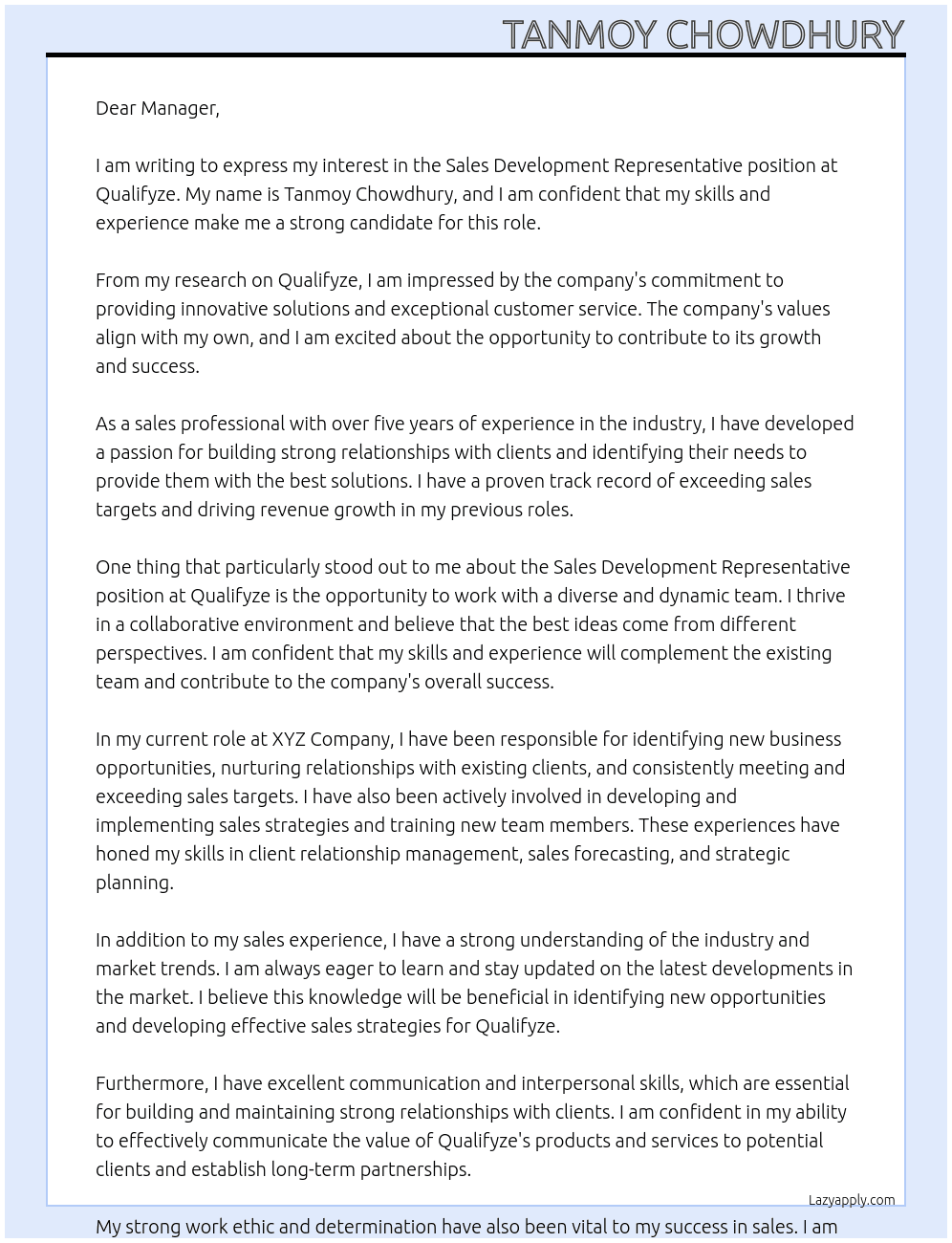 Sales Development Representative At Qualifyze Cover Letter