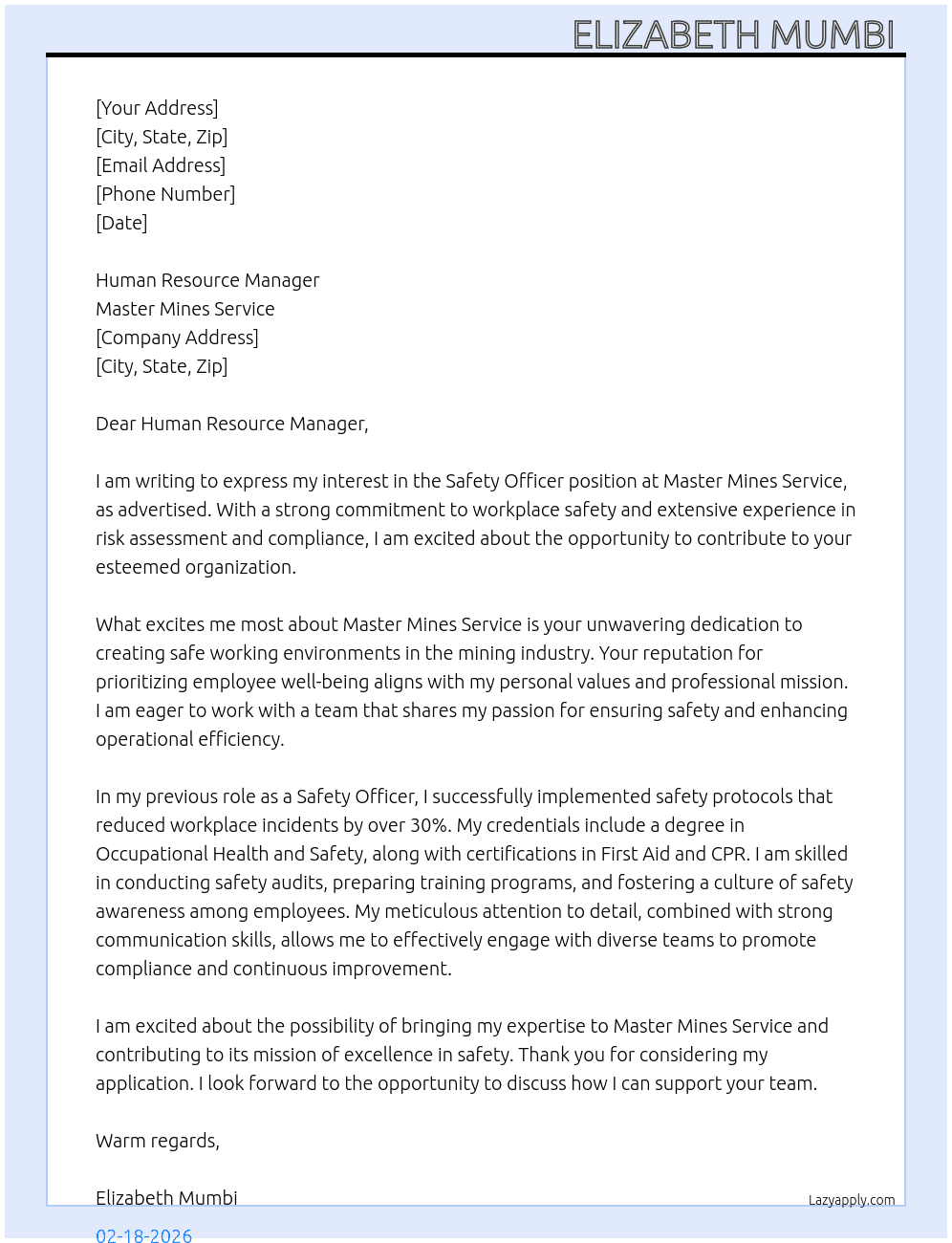 Safety officer  At Master Mines Service  Cover Letter