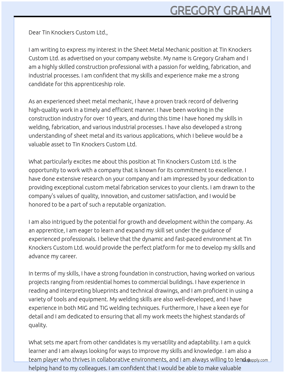 Sheet Metal Mechanic At Tin Knockers Custom Ltd. Cover Letter