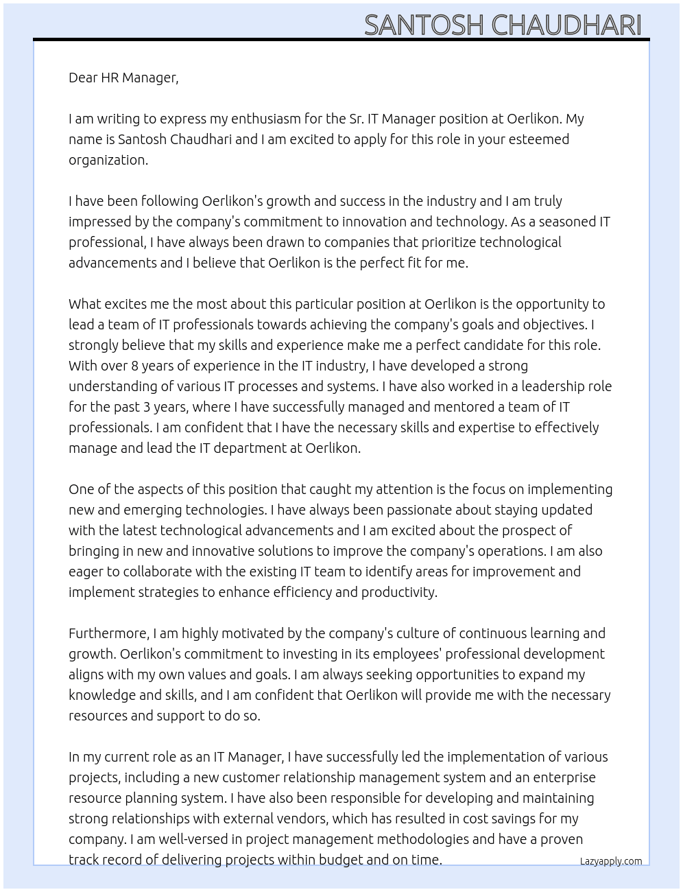 Cover letter for sr. it manager - LazyApply