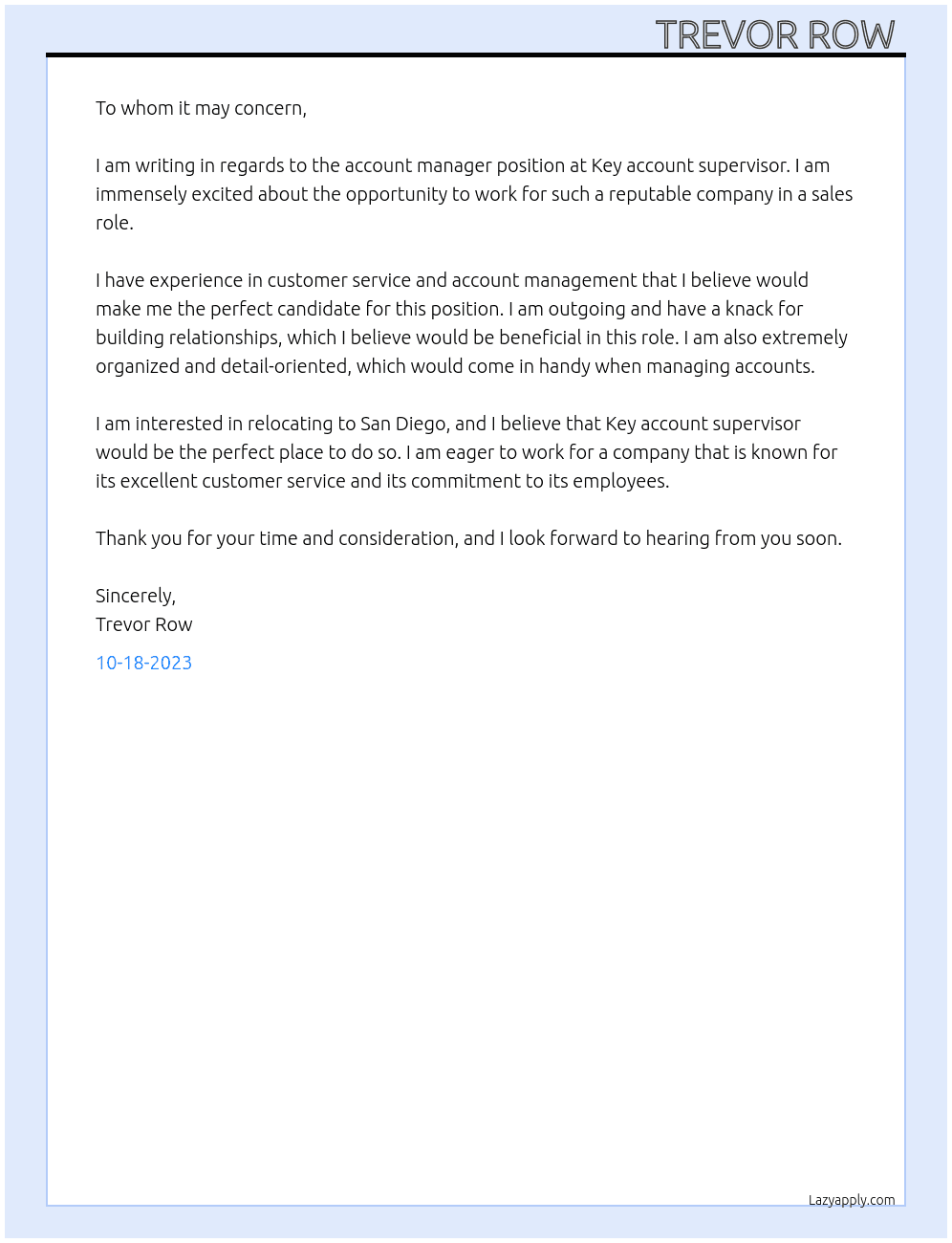 Account manager  At Key account supervisor Cover Letter