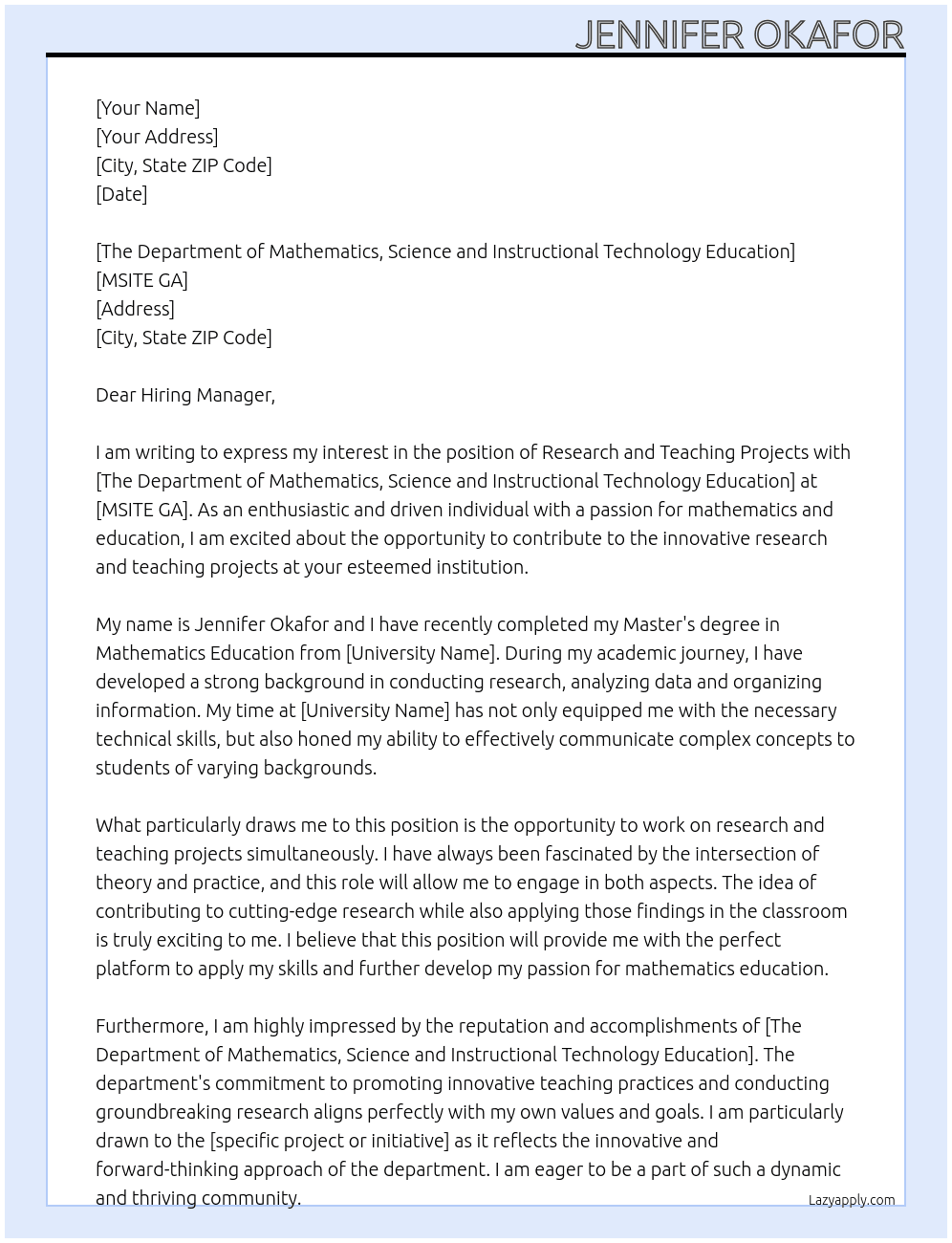 research and teaching projects At MSITE GA Cover Letter