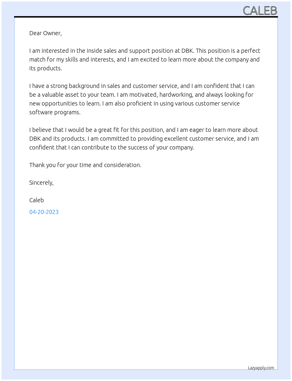 Inside sales and support At DBK Cover Letter