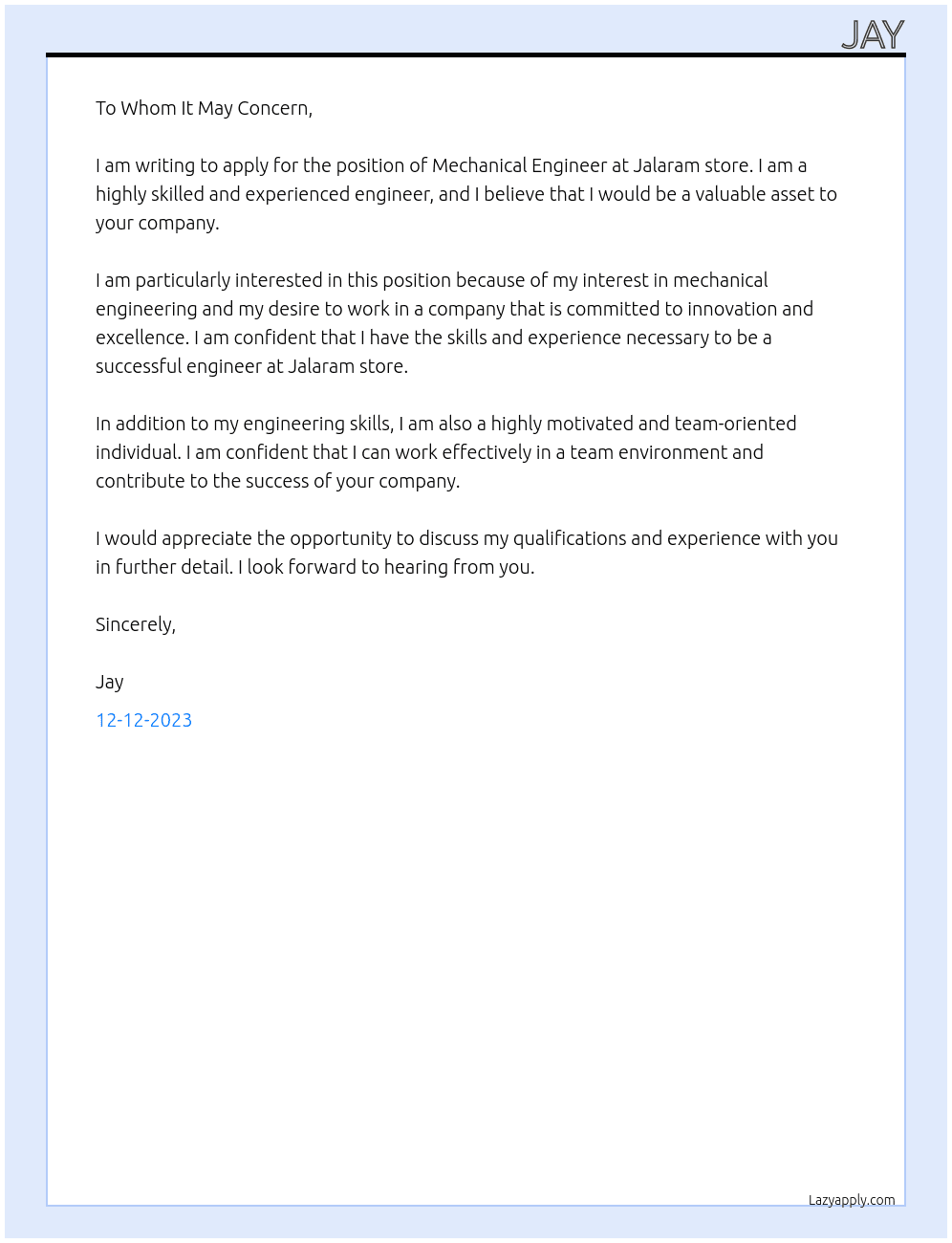 Mechanical Enginee At Jalaram store Cover Letter