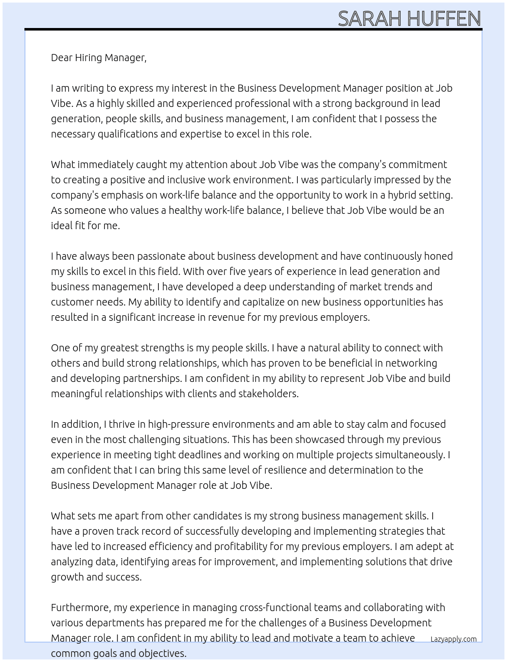 Business Development Manager At Job Vibe Cover Letter