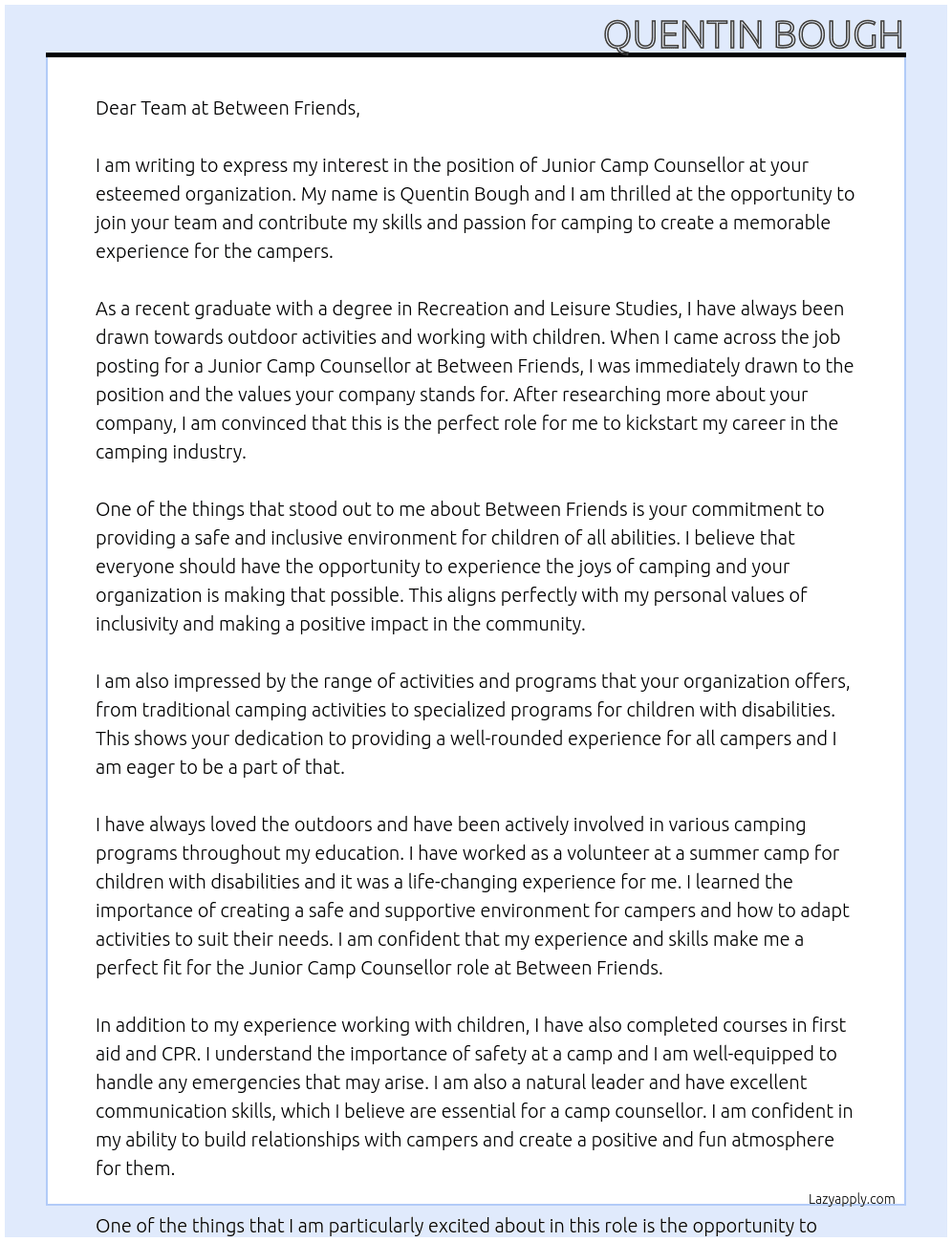 Junior Camp Counsellor At Between Friends Cover Letter
